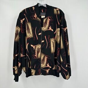 Womens Vintage Black Graphic Print Bomber Jacket Sz L Oversized Streetwear Retro